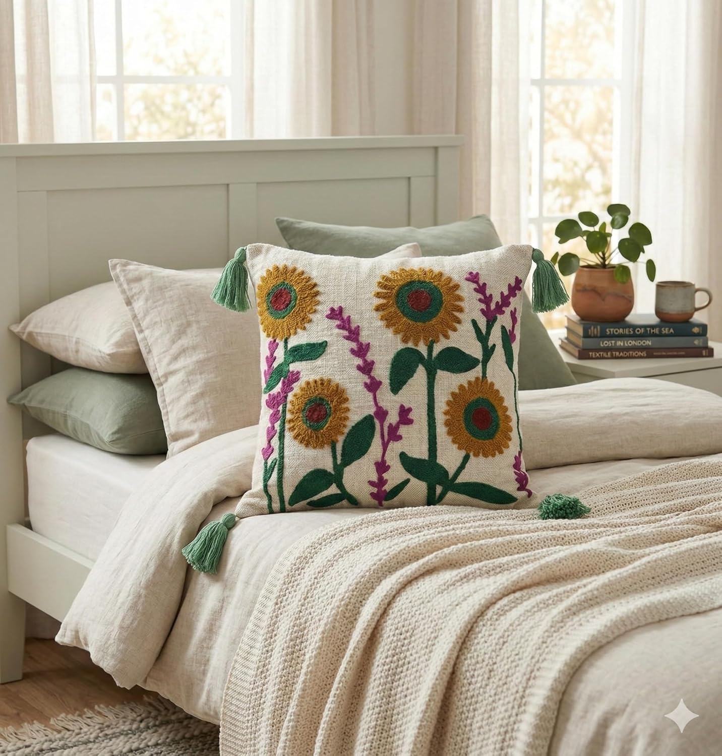 Bohemian Embroidered Slub Cotton Cushion Cover – Tufted & Tasseled – 16x16 Inch (40x40 cm)