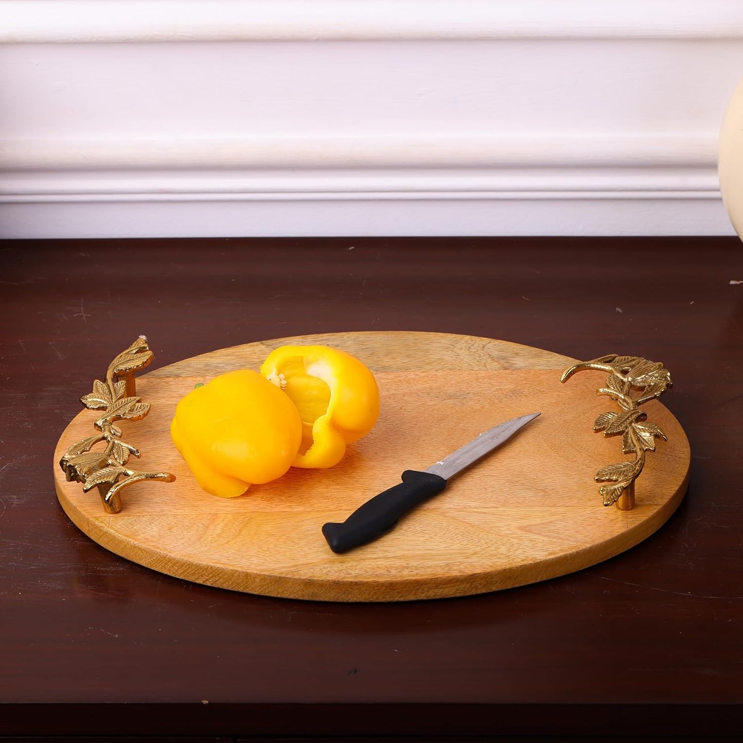 Oval Wood Serving Tray – Natural Finish – Handcrafted Gold Casting Handles