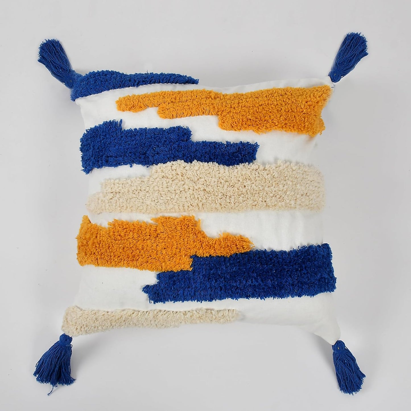 Decorative Cushion Covers – Tufted Geometric Blue/Yellow – 16x16 Inch, Set of 2