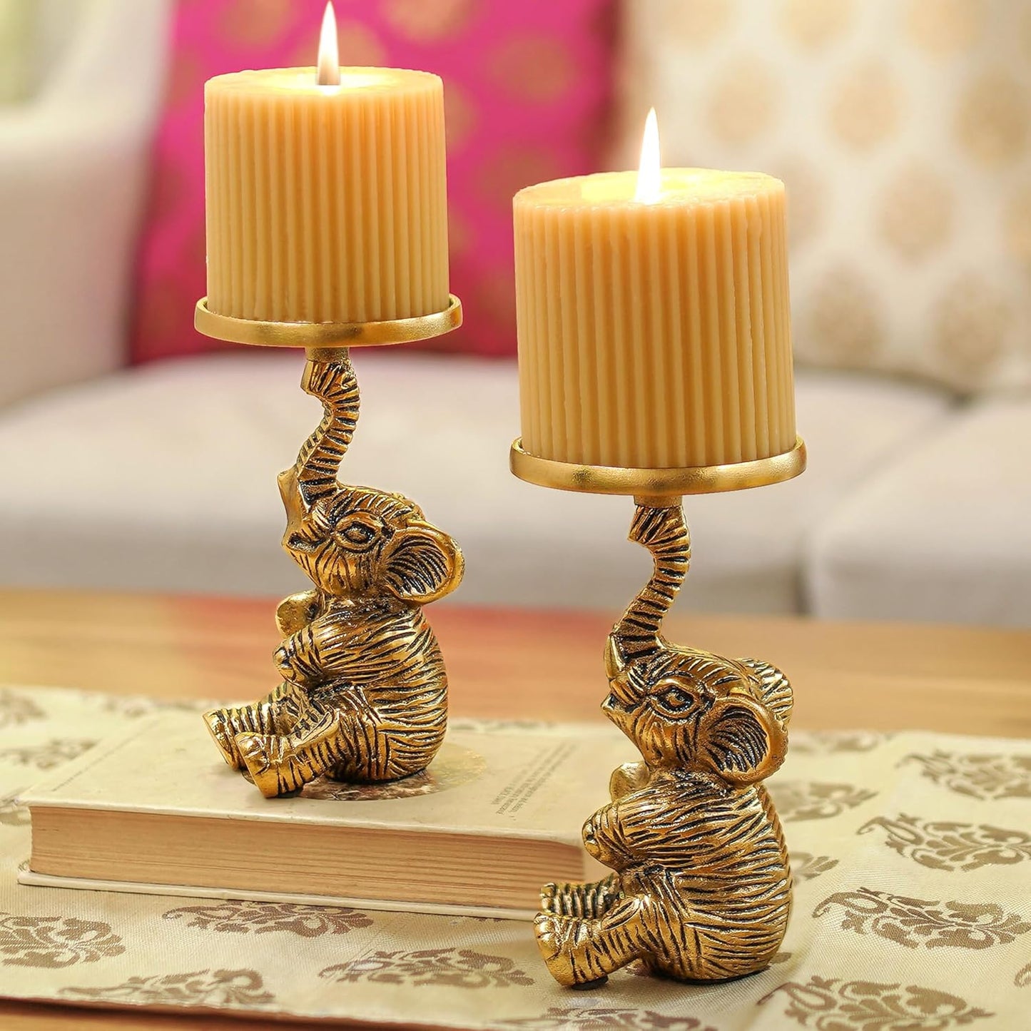 Wholesale Pillar Candle Holders – Aluminium Elephant, Gold Finish – Set of 2