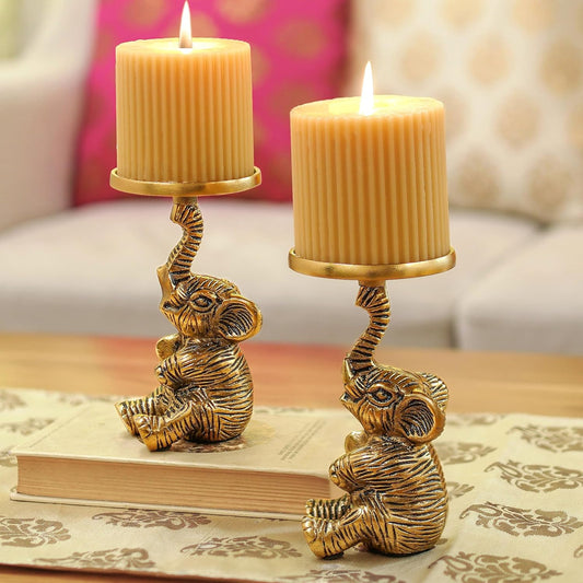 Wholesale Pillar Candle Holders – Aluminium Elephant, Gold Finish – Set of 2
