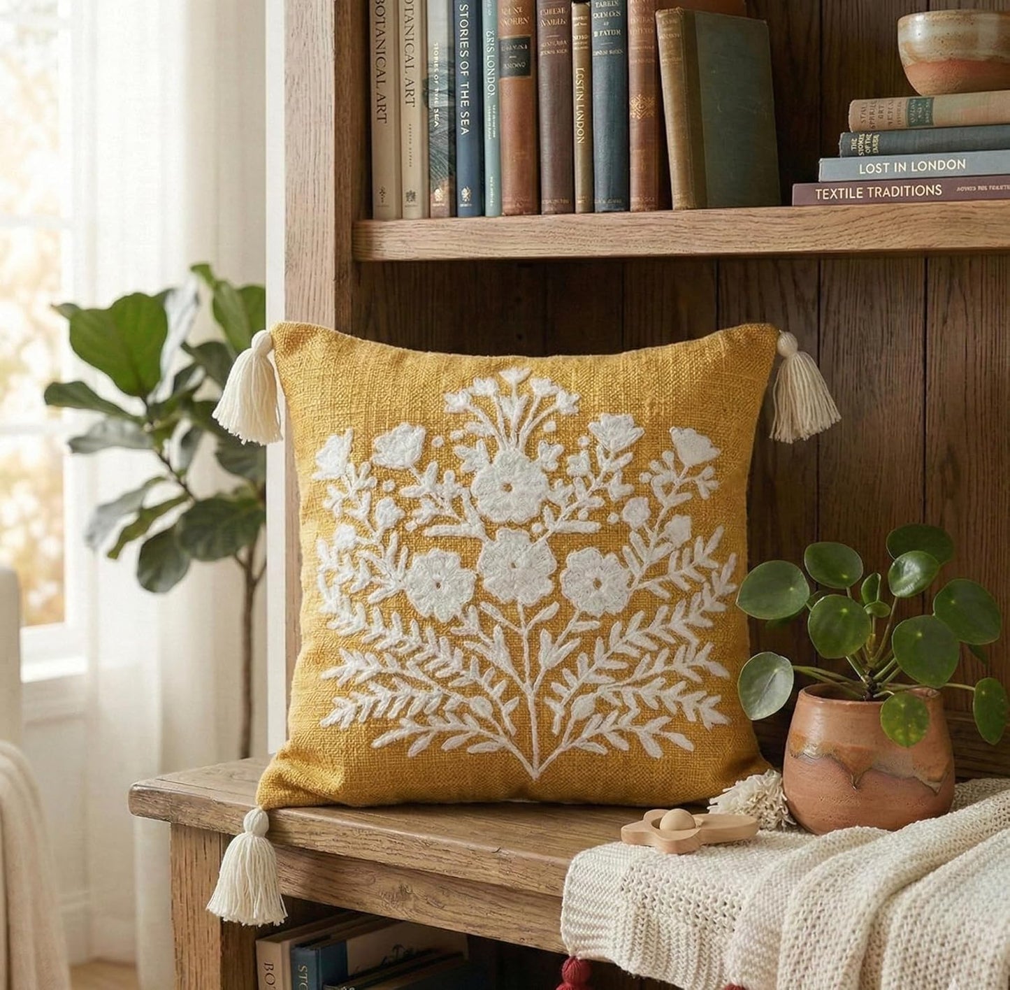 Embroidered Slub Cotton Cushion Cover – Decorative Pillow Case – Tufted Tassels – 16x16 Inch / 40x40 cm