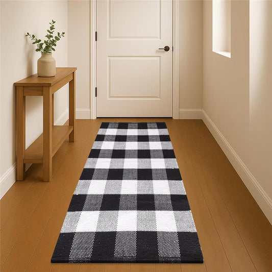 Cotton Rug Runner – Hand Woven Washable – Black & White 2x6 Feet