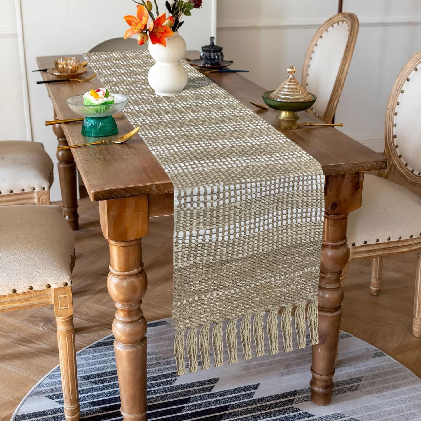 Table Runner – Woven Cotton Jute Blend, Tasseled Stripe – 13 x 72 Inch
