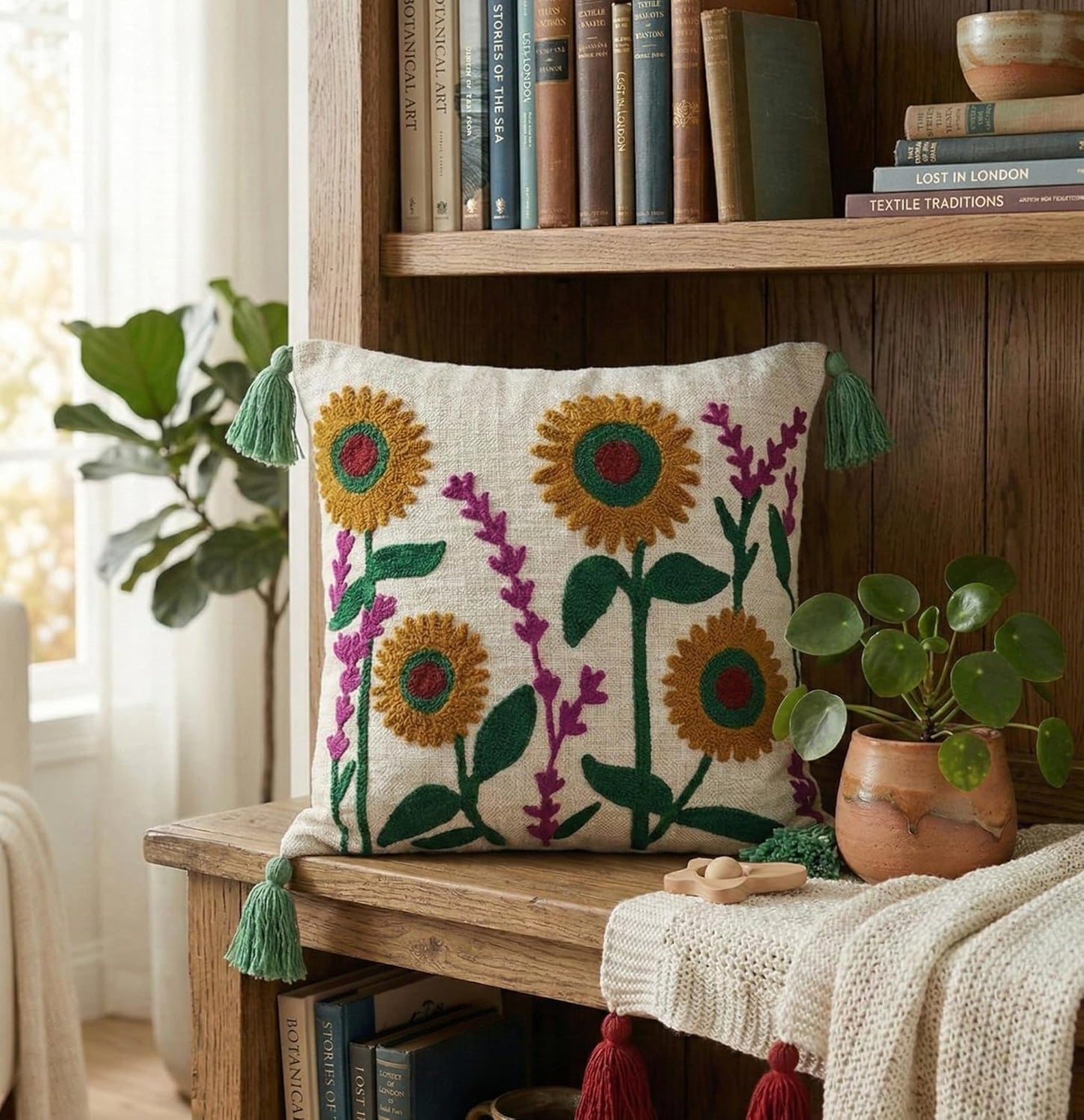 Bohemian Embroidered Slub Cotton Cushion Cover – Tufted & Tasseled – 16x16 Inch (40x40 cm)