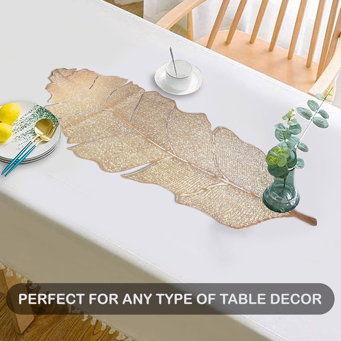 Table Runner – Leather, Golden Leaf Design – 92x34 cm