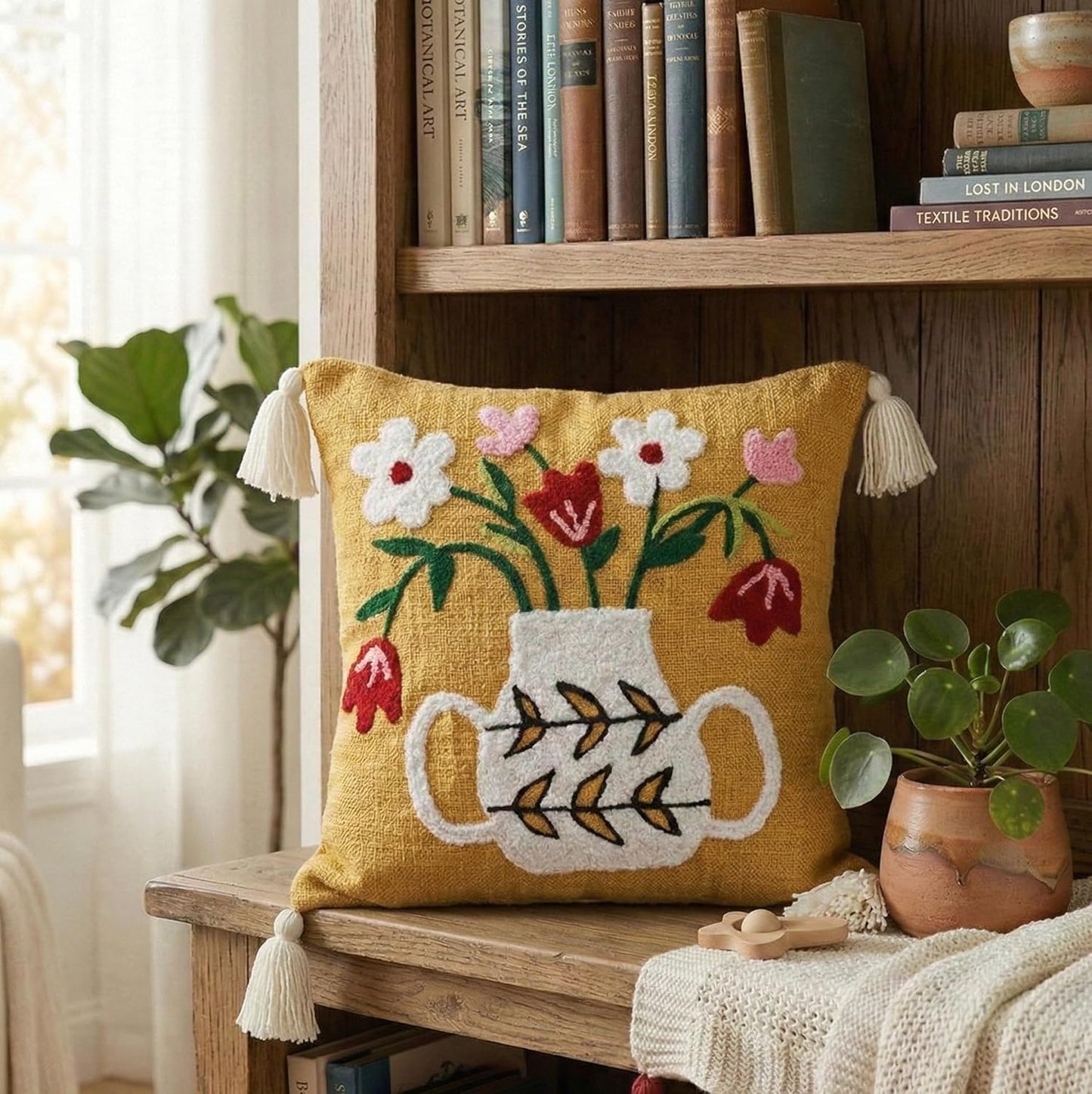 Boho Embroidered Cushion Cover – Slub Cotton – Tasseled Design – 16x16 Inch (40x40 cm)