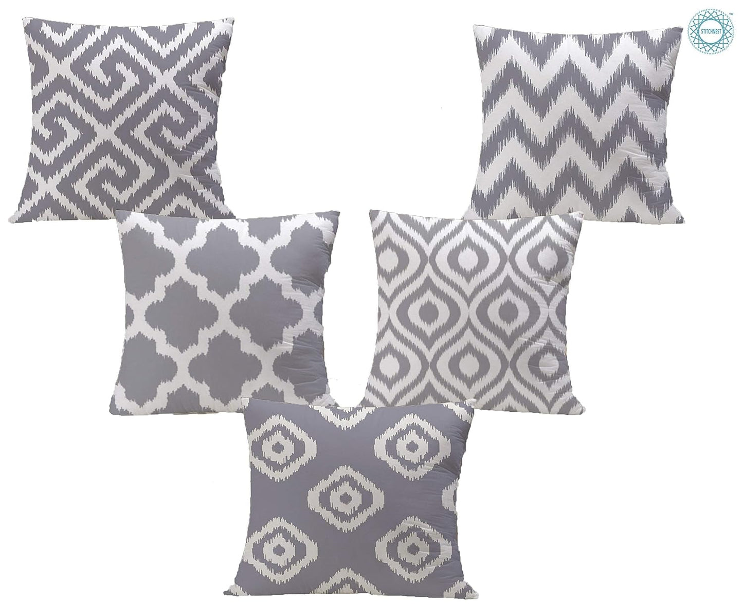 Wholesale Polycotton Cushion Covers – Grey & White Ikat Geometric – 16x16 Inch Set of 5