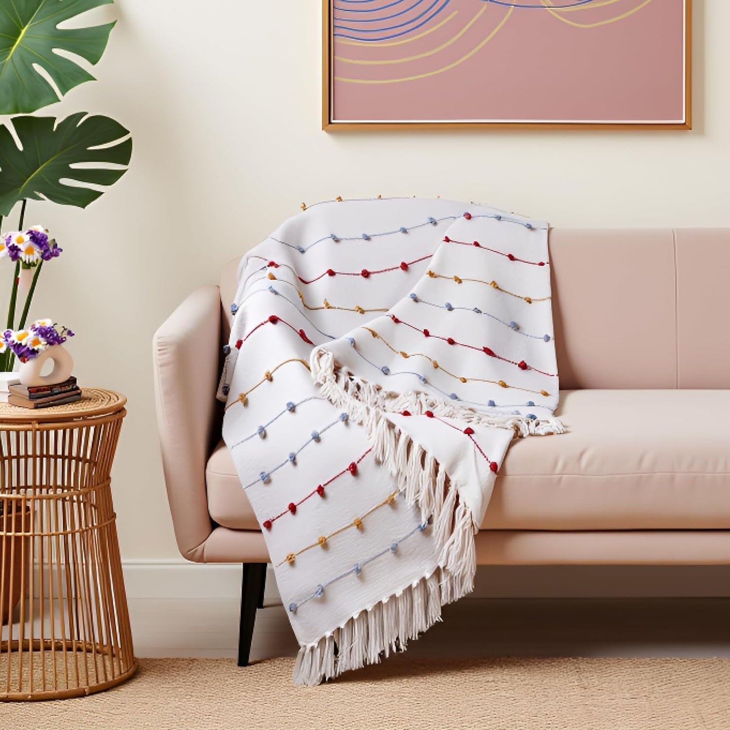Hand-Knitted Cotton Throw Blanket –  100% Cotton, Tassels – 80x52 Inches (Pack 1)
