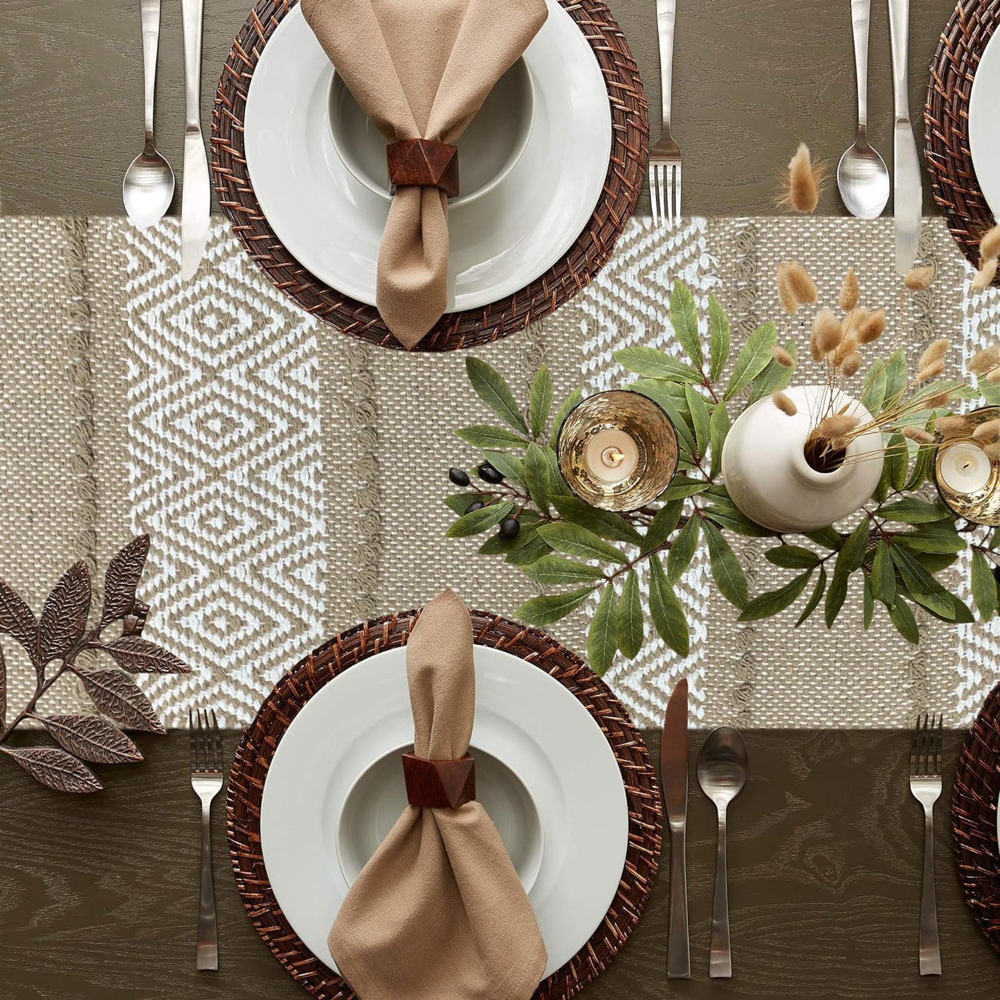 Table Runner – Woven Cotton Jute Blend, Beige/White Zig Zag – 13x74 Inch