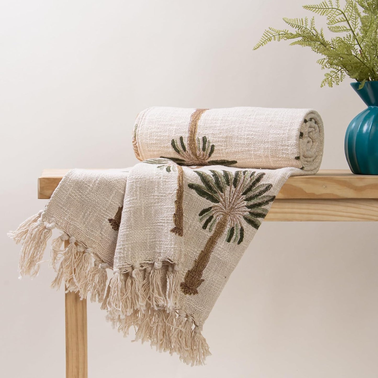 Hand Block Print Palm Tree Throw – Sofa Blanket – Sustainable Cotton – 50x70 Inch (Pack of 1)
