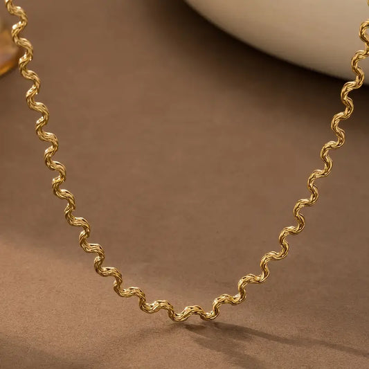 18K Gold Water Wave Necklace - Stainless Steel Adjustable