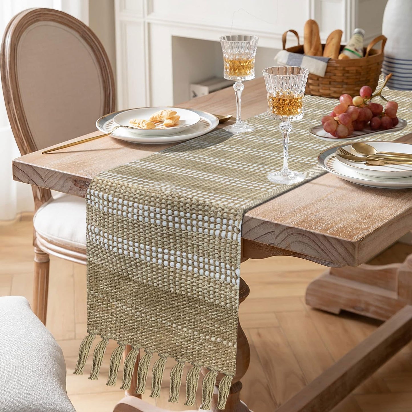 Table Runner – Woven Cotton Jute Blend, Tasseled Stripe – 13 x 72 Inch
