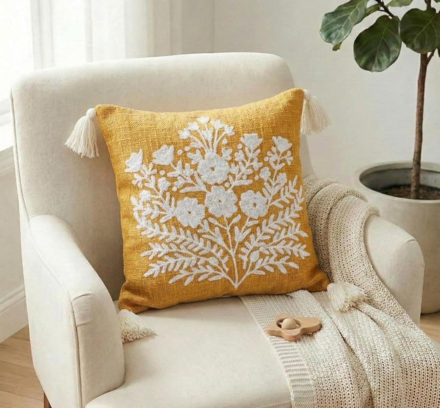 Embroidered Slub Cotton Cushion Cover – Decorative Pillow Case – Tufted Tassels – 16x16 Inch / 40x40 cm