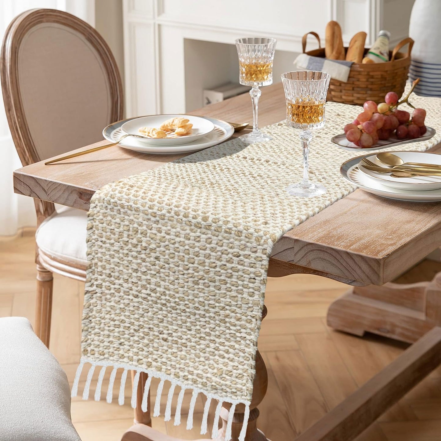 Table Runner – Beige White Honeycomb Woven Cotton Jute with Tassels – 13x74 Inch
