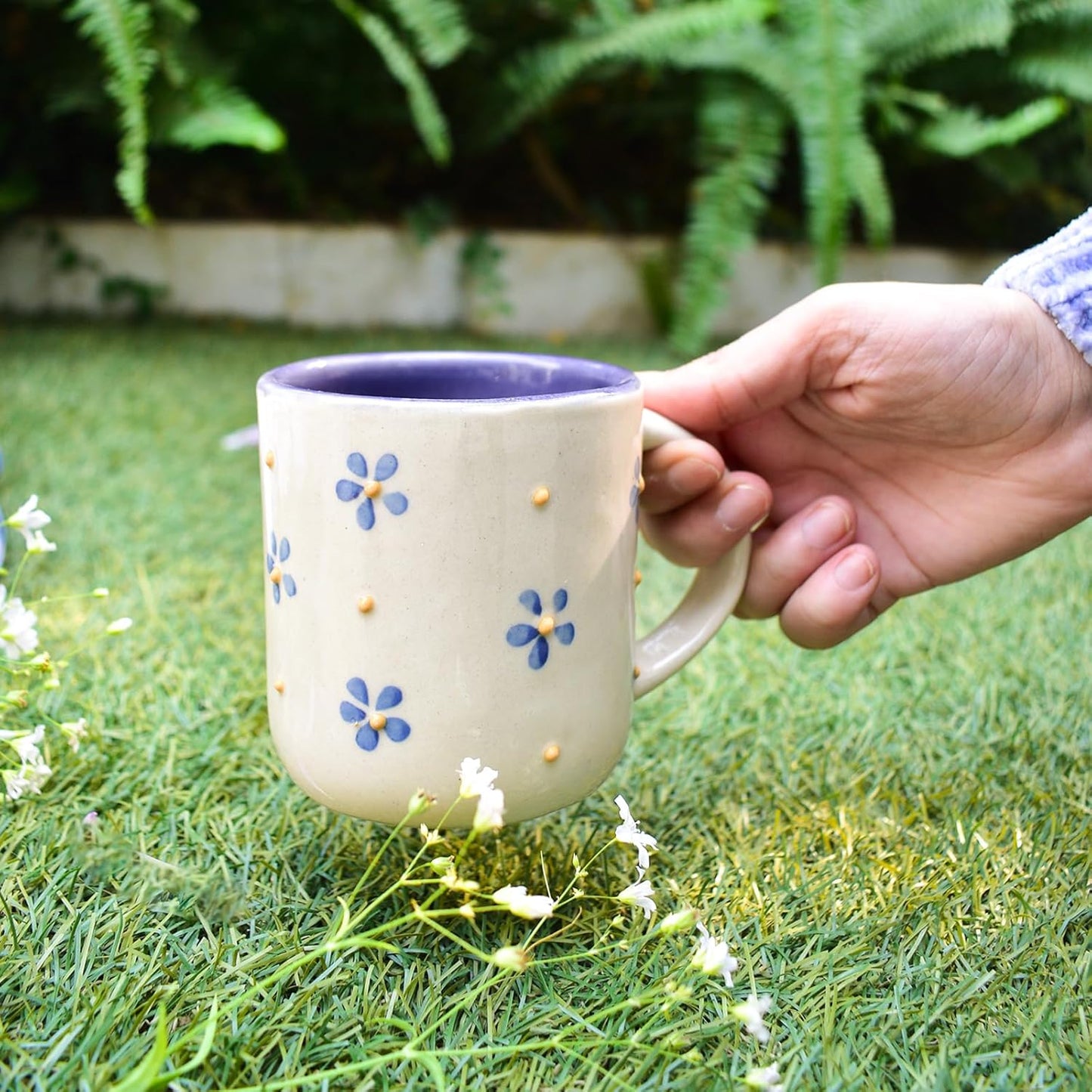 Ceramic Mug – Handcrafted Eco-Friendly Clay – Lavender Yellow Floral Design – 240 ML
