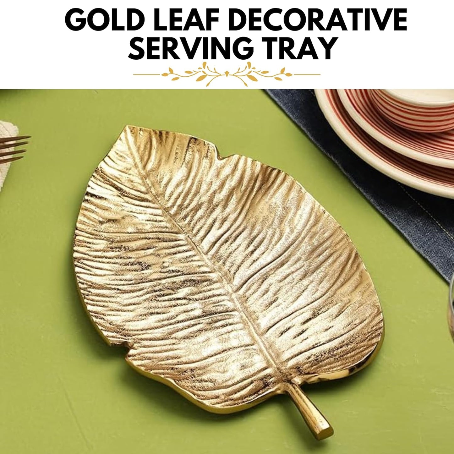 Gold Leaf Decorative Serving Tray – Multi-Use Platter – Gold Metal Leaf Design – Single Unit