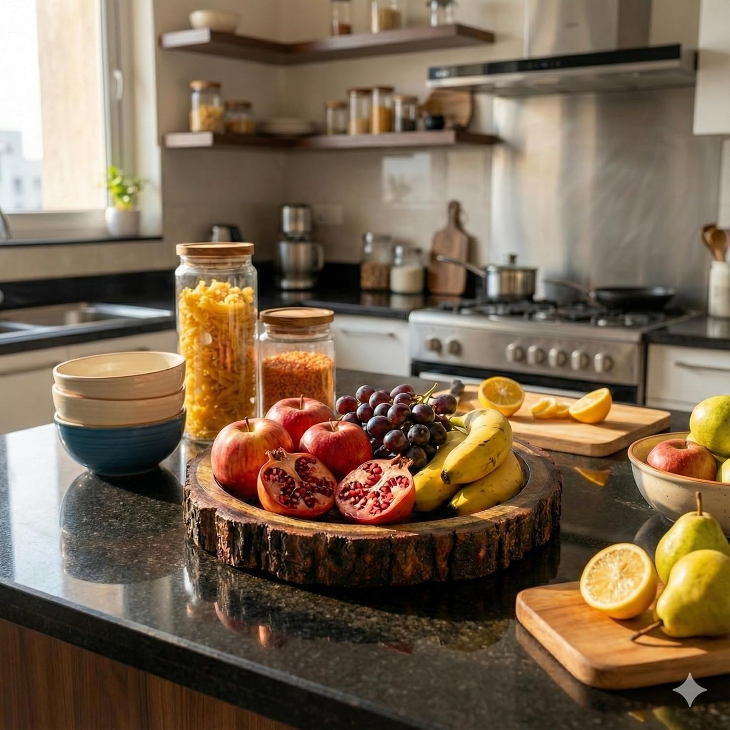 Rustic Wooden Buckle Tray – Mango Wood Serving Platter – Bark Edge, Food-Safe – 10in Round