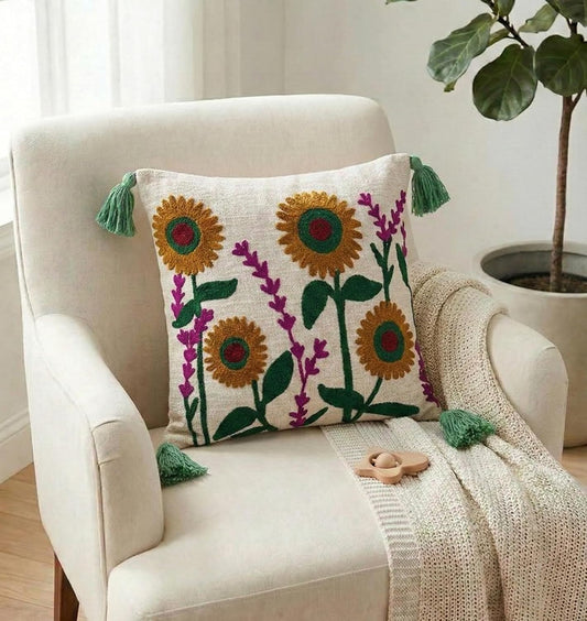 Bohemian Embroidered Slub Cotton Cushion Cover – Tufted & Tasseled – 16x16 Inch (40x40 cm)