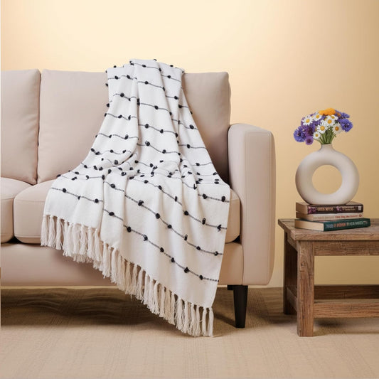 Hand-Knitted Cotton Sofa Throw – All-Season Throw Blanket – Beige & Black with Tassels – 80x52 Inches (204x132 cm)