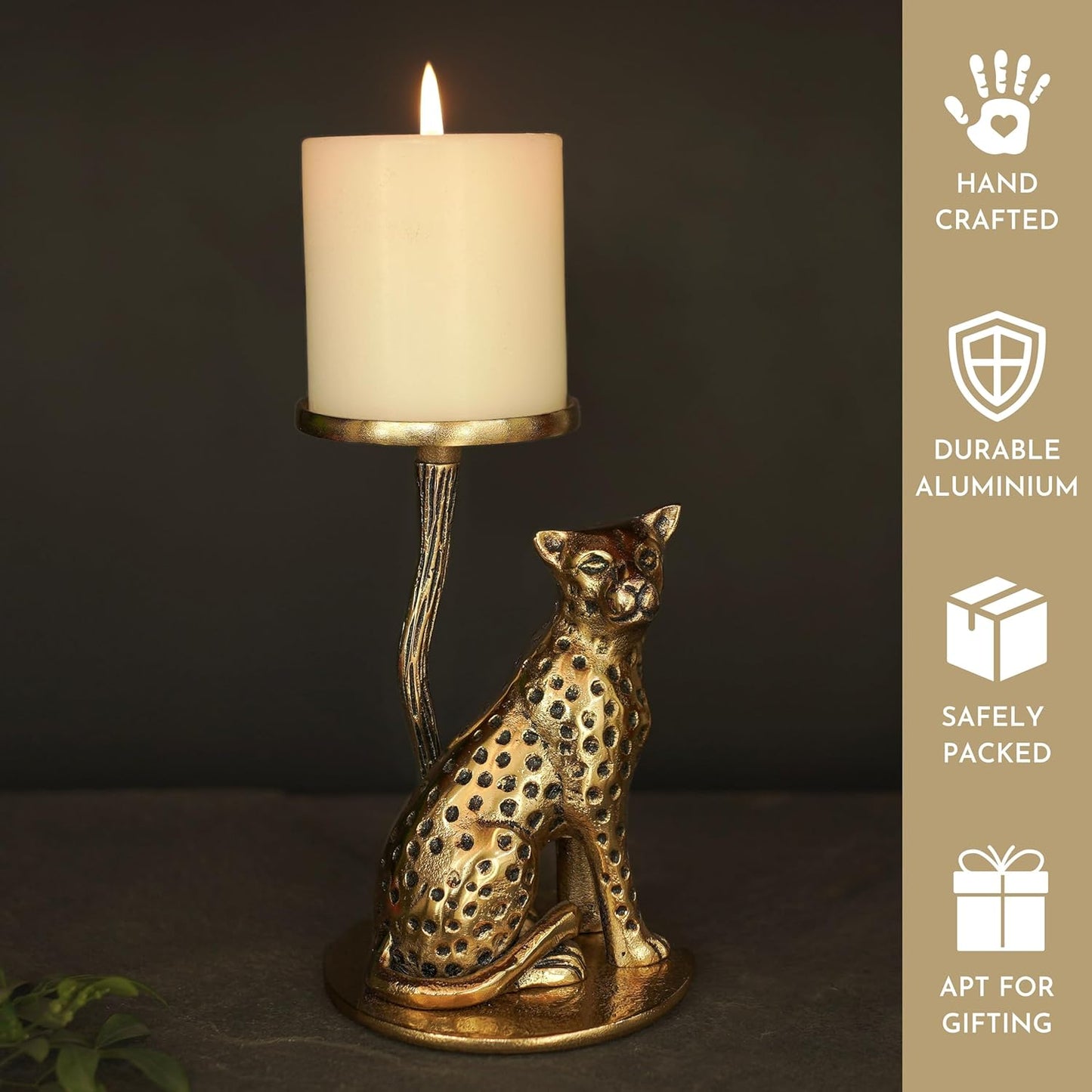 Pillar Candle Holder – Aluminium Brass Finish Jaguar – H 16.5cm Tabletop Decor