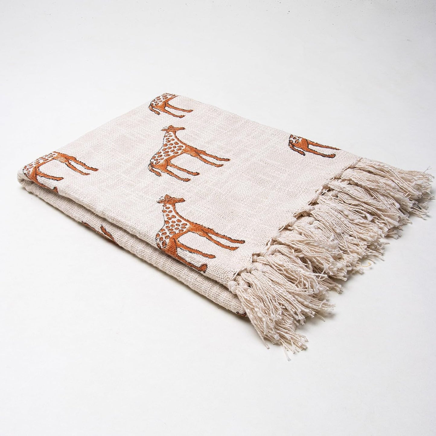 Giraffe Print Throw Blanket – 100% Cotton Sofa & Bed Cover – Tasseled – 50x70 Inch