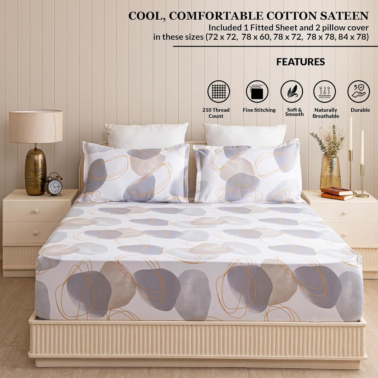 Bedsheet | Long-staple Cotton Elastic Fitted | 3pc Set, 198cm x 183cm