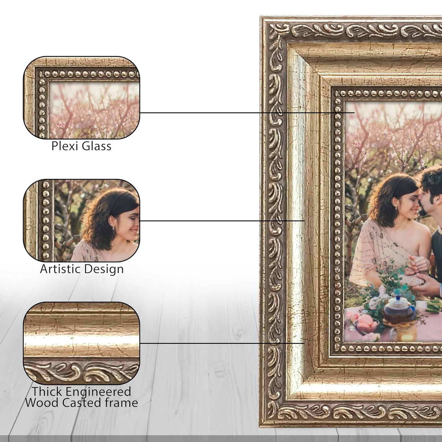 Elegant Vintage Table Photo Frame – Wood, Gold Finish, Back Stand – 4x6 Inch