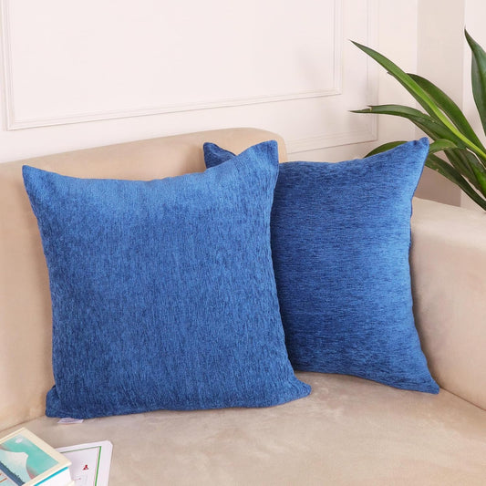 Chenille Cushion Covers – Velvet-Feel Texture – 16x16 Inches, Set of 2 (Blue)