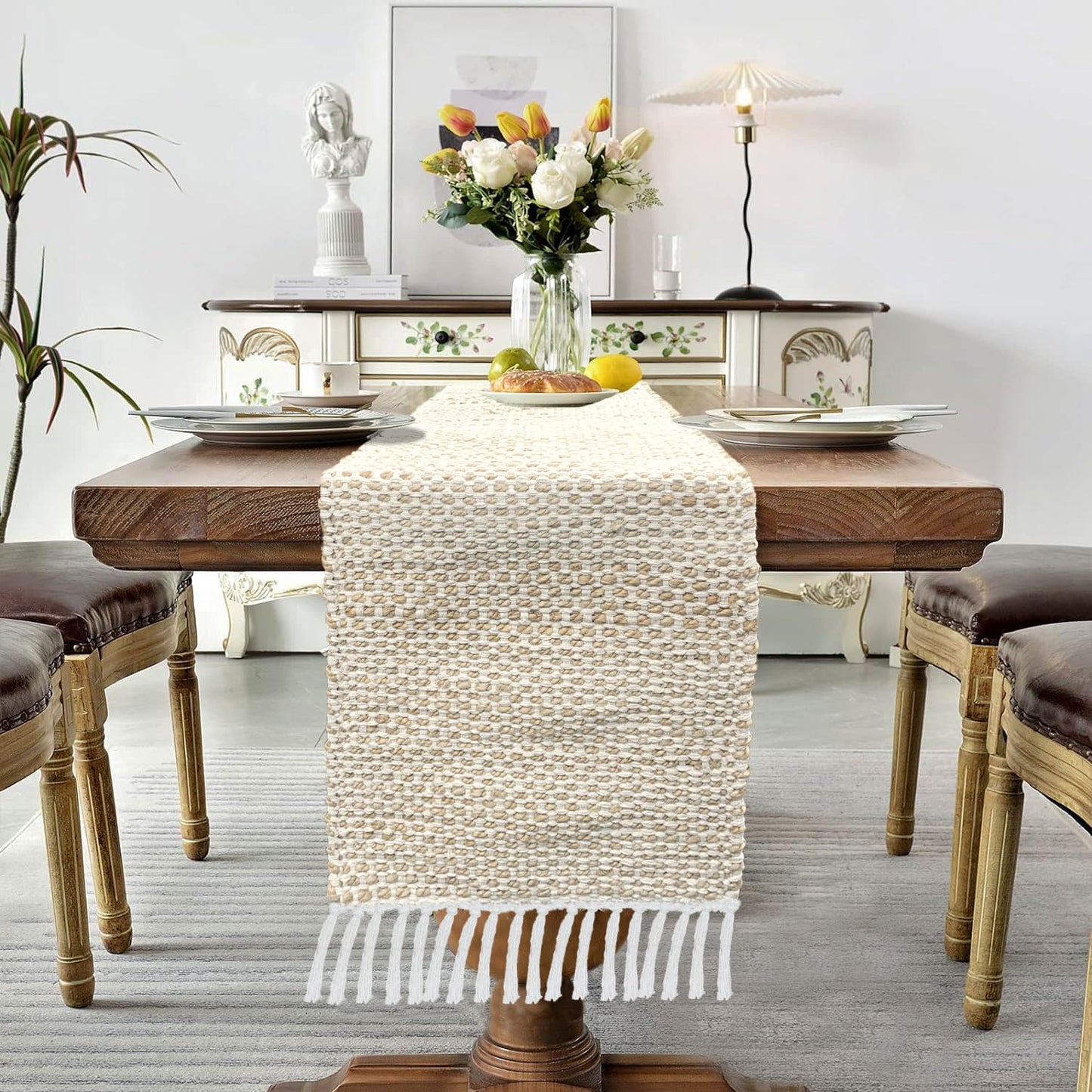 Table Runner – Beige White Honeycomb Woven Cotton Jute with Tassels – 13x74 Inch