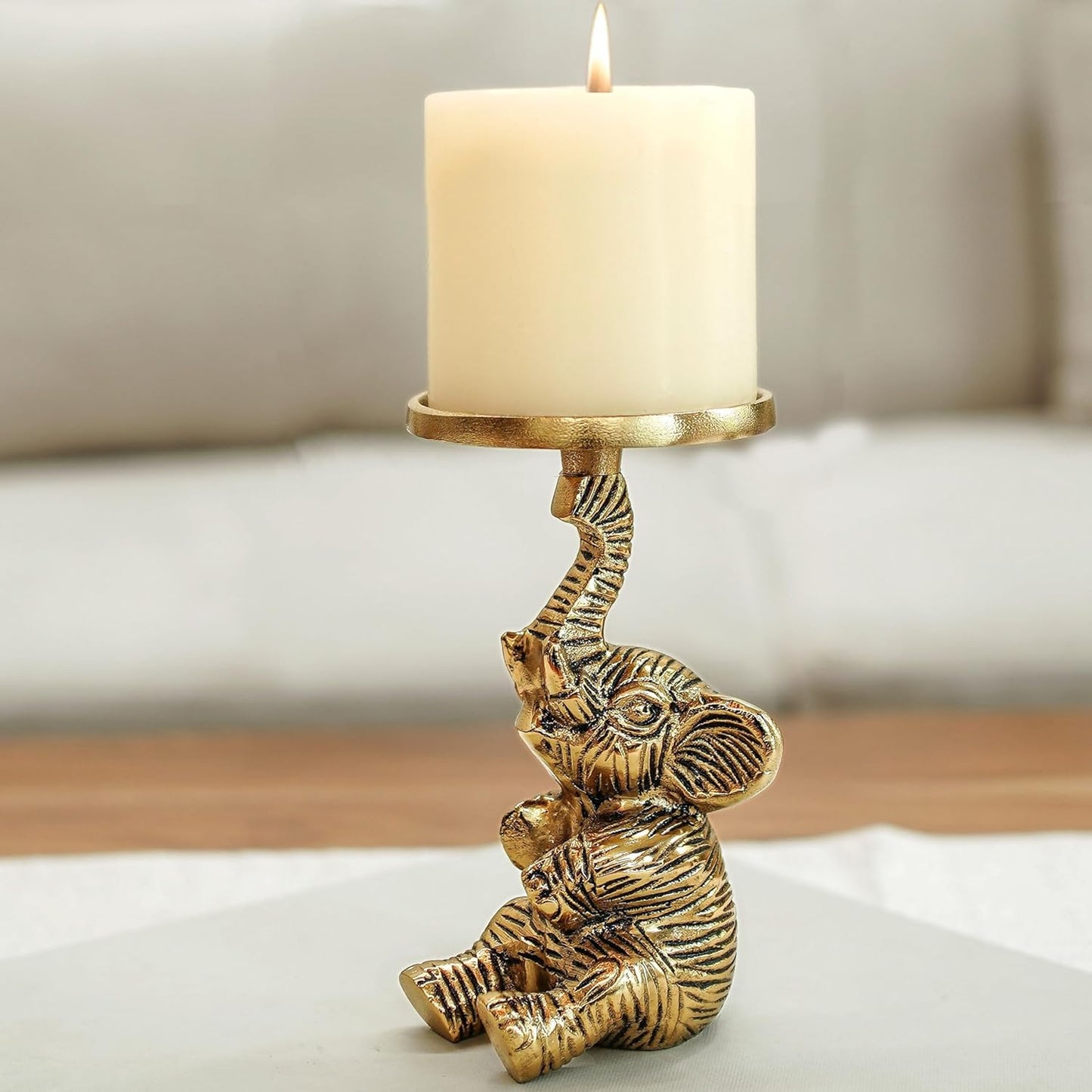 Pillar Candle Holder – Aluminium Elephant Design – Gold Finish – 8x8x15cm