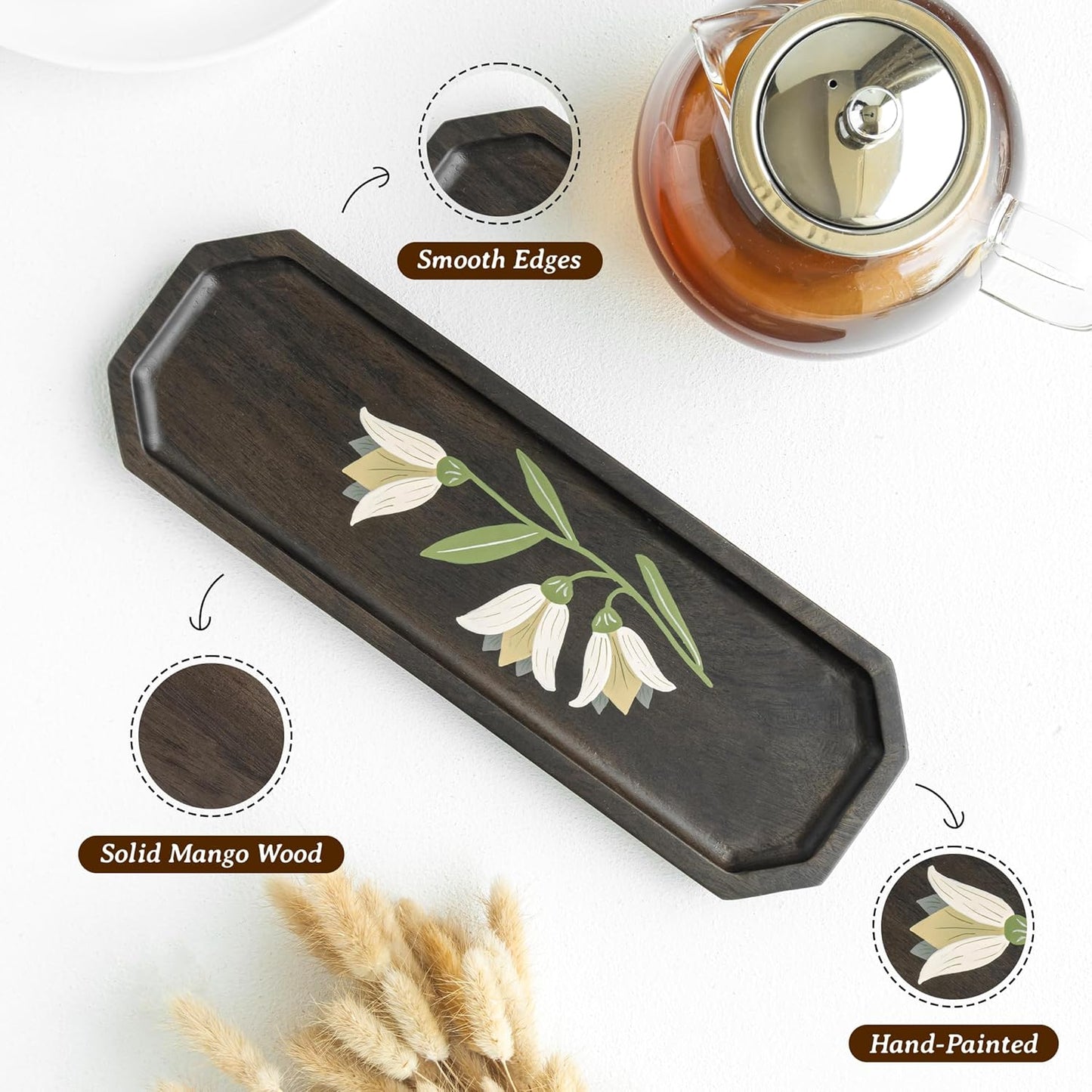 Handpainted Mango Wood Platter – Decorative Serving Tray – Floral Design – Artisan Crafted