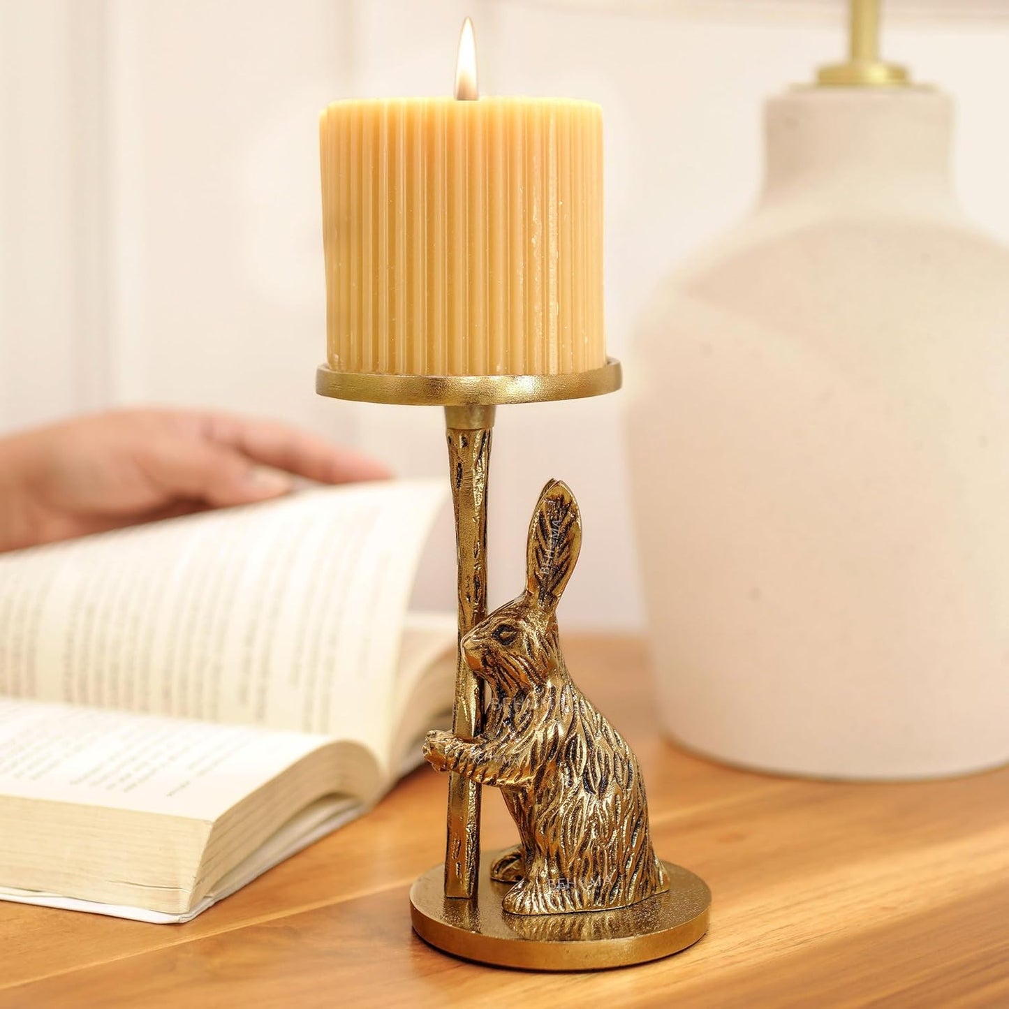 Pillar Candle Holder – Aluminium Rabbit Figurine – Gold Finish, 16cm