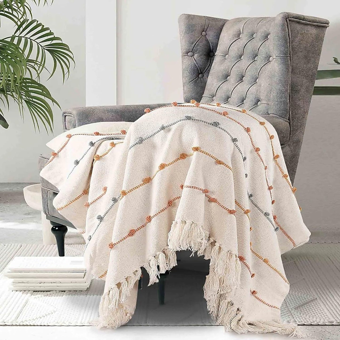 Home Decor Accent Throw – Cotton Fringed Blanket – 125x150 cm