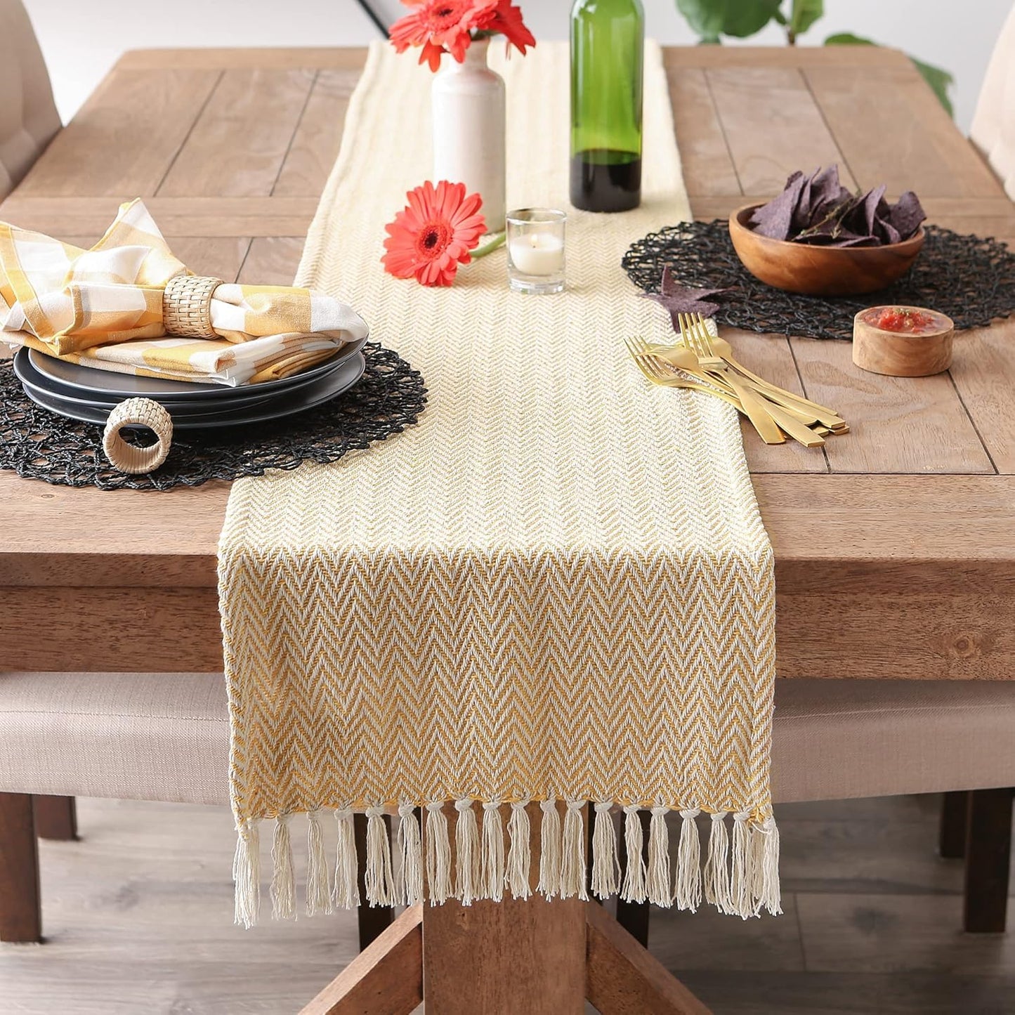 Cotton Chevron Table Runner – Dining Linen – Handcrafted – 13x72 Inches