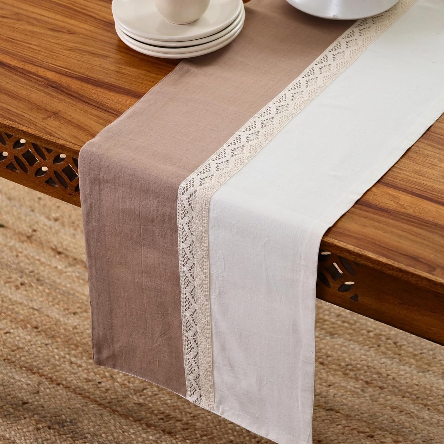 Handcrafted Cotton Table Runner – Dining Linen – Taupe & Off-White – 14x60 Single