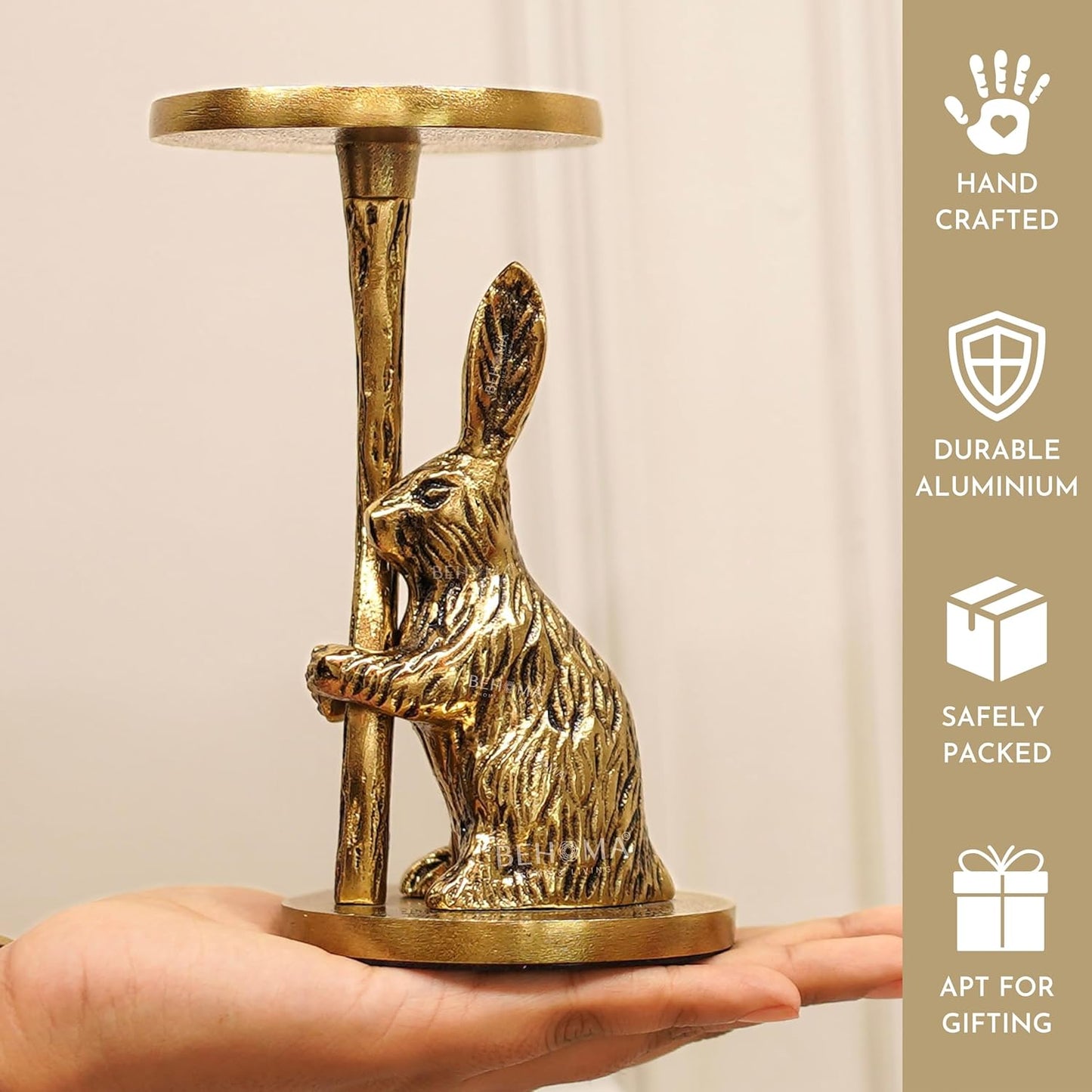 Pillar Candle Holder – Aluminium Rabbit Figurine – Gold Finish, 16cm
