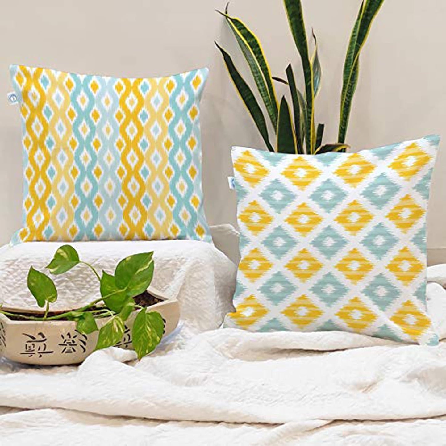 Cushion Covers – Polycotton, Ikat Geometric Print, Durable – Set of 5, 16x16 Inch