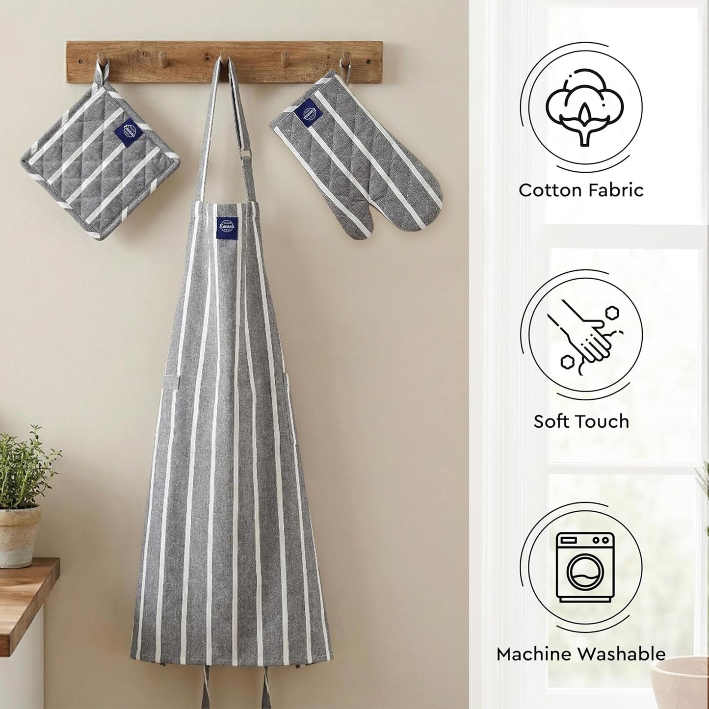 Kitchen Apron Set – 3-Piece Culinary Linen Combo – 100% Cotton, Heat Resistant – Roma Grey Stripes
