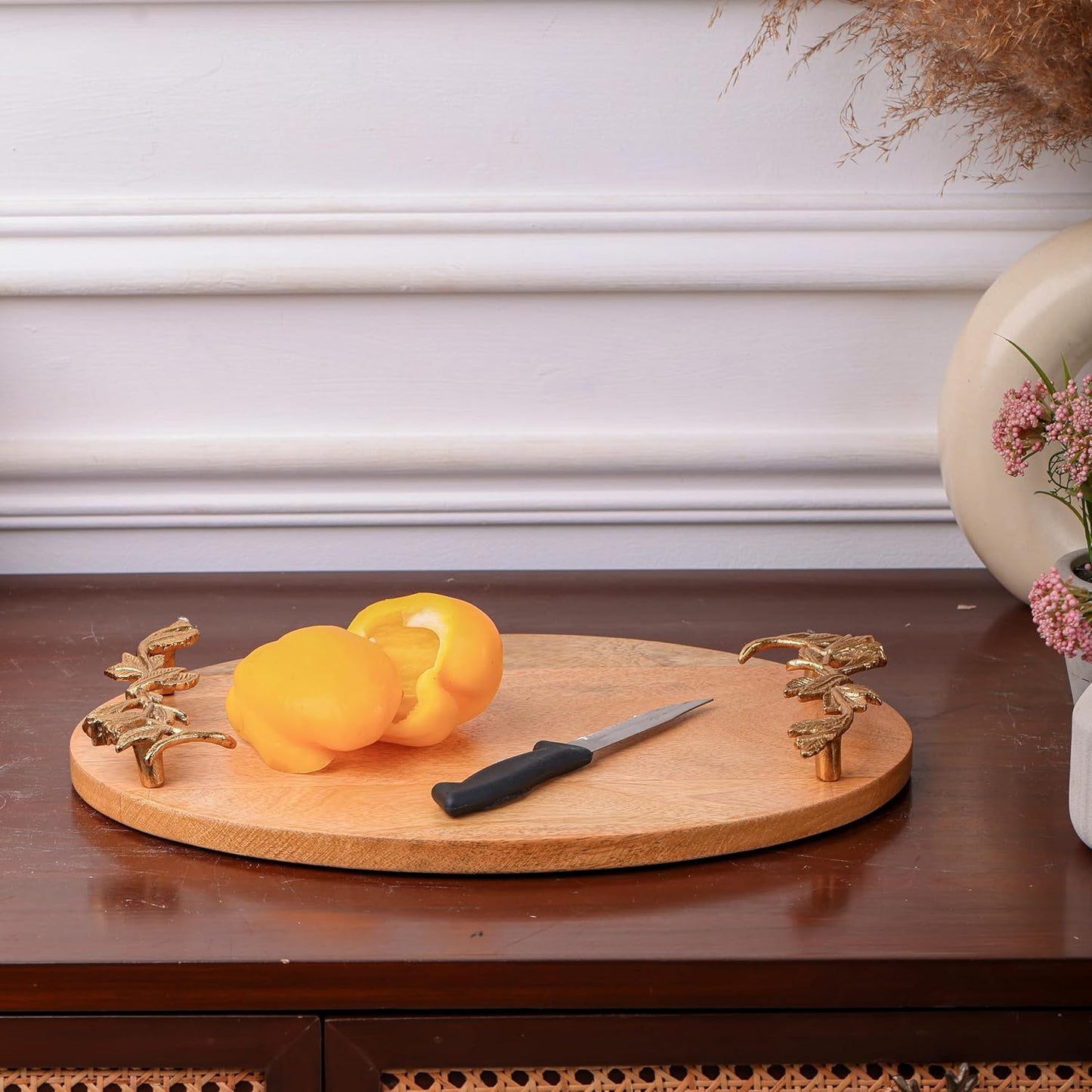 Oval Wood Serving Tray – Natural Finish – Handcrafted Gold Casting Handles