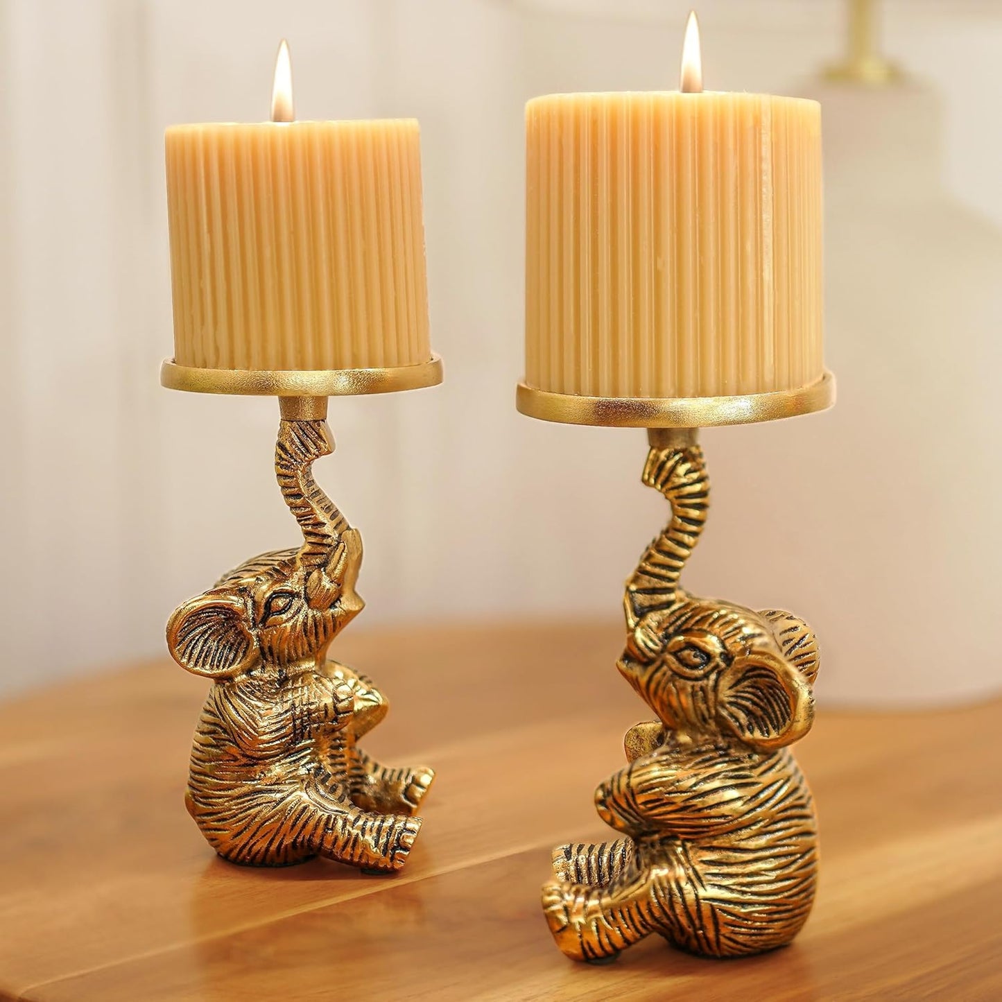 Wholesale Pillar Candle Holders – Aluminium Elephant, Gold Finish – Set of 2