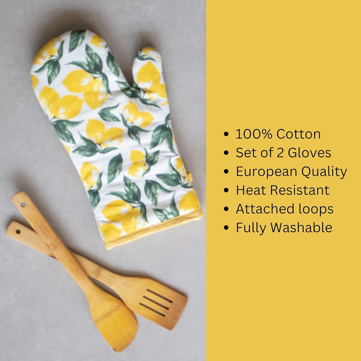 Lemon Print Apron, Mittens & Pot Holders Set – 100% Cotton – European Quality – 3-Piece