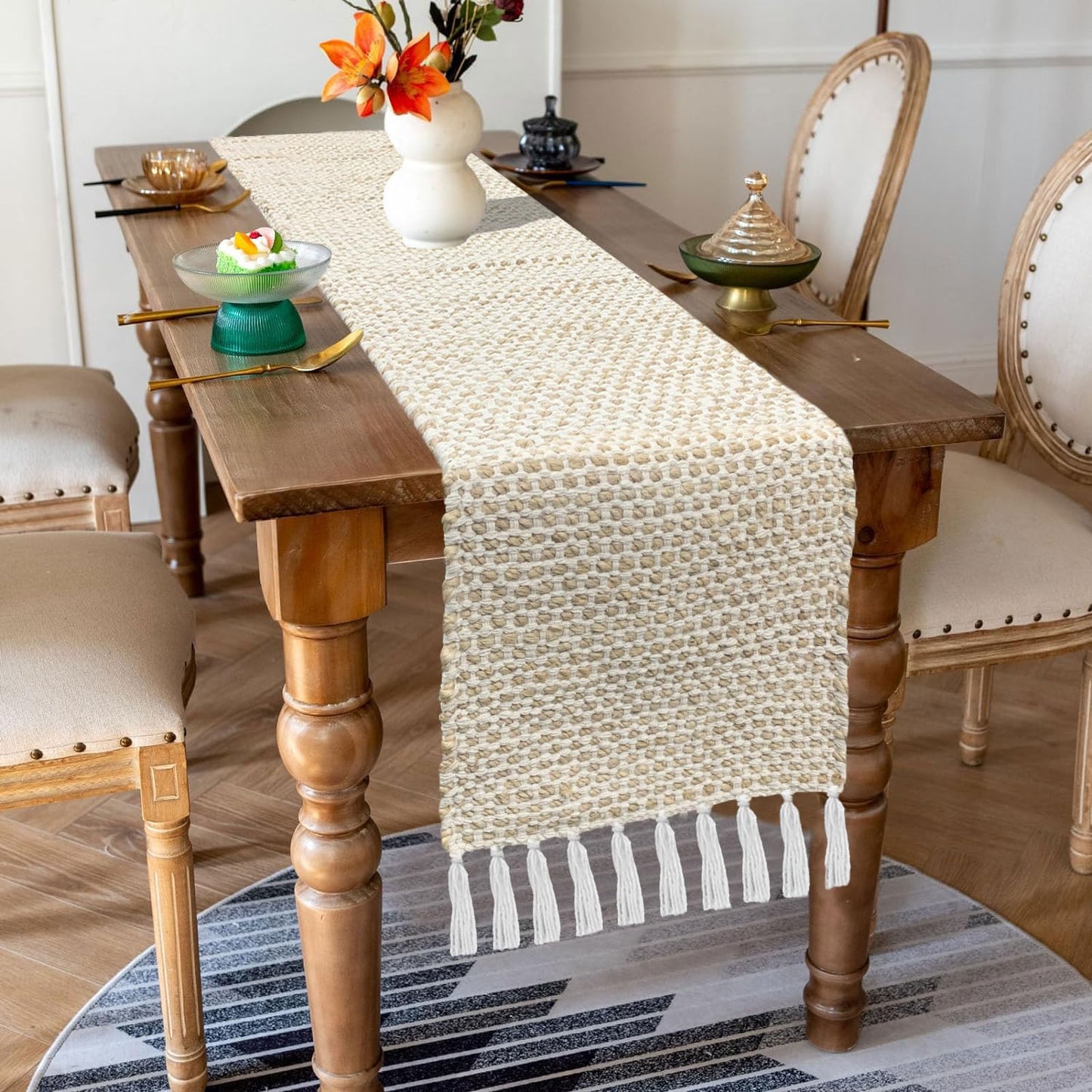 Table Runner – Beige White Honeycomb Woven Cotton Jute with Tassels – 13x74 Inch