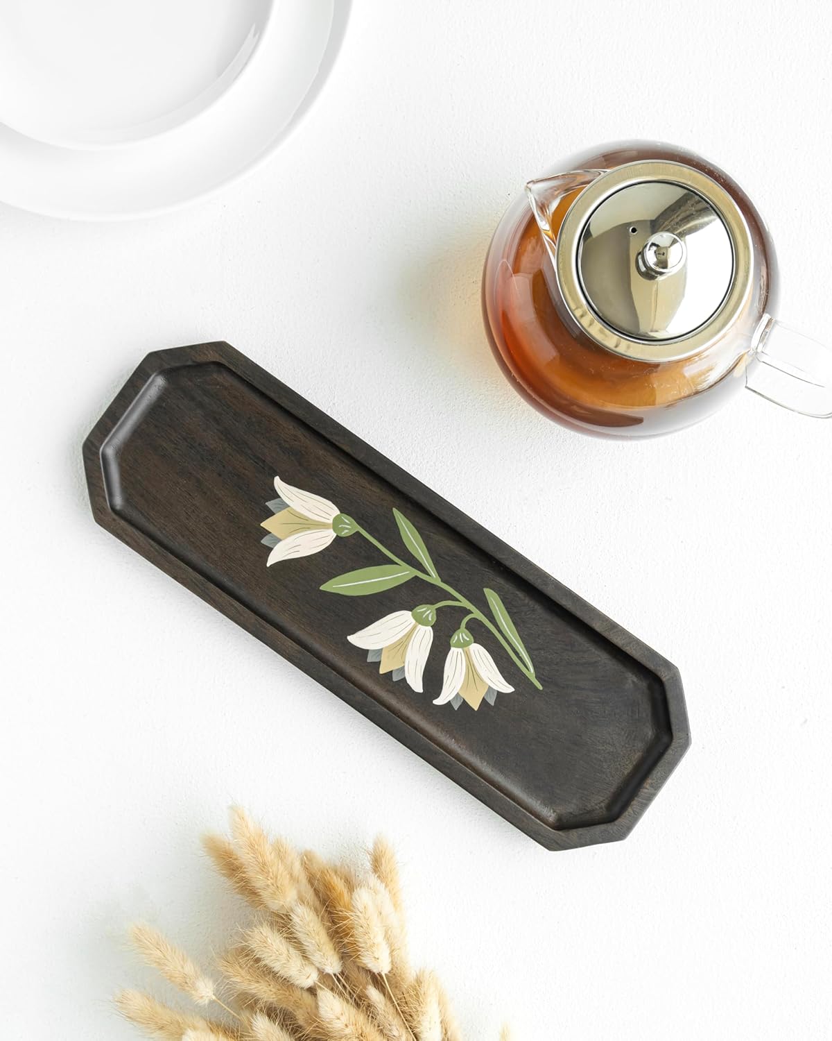 Handpainted Mango Wood Platter – Decorative Serving Tray – Floral Design – Artisan Crafted