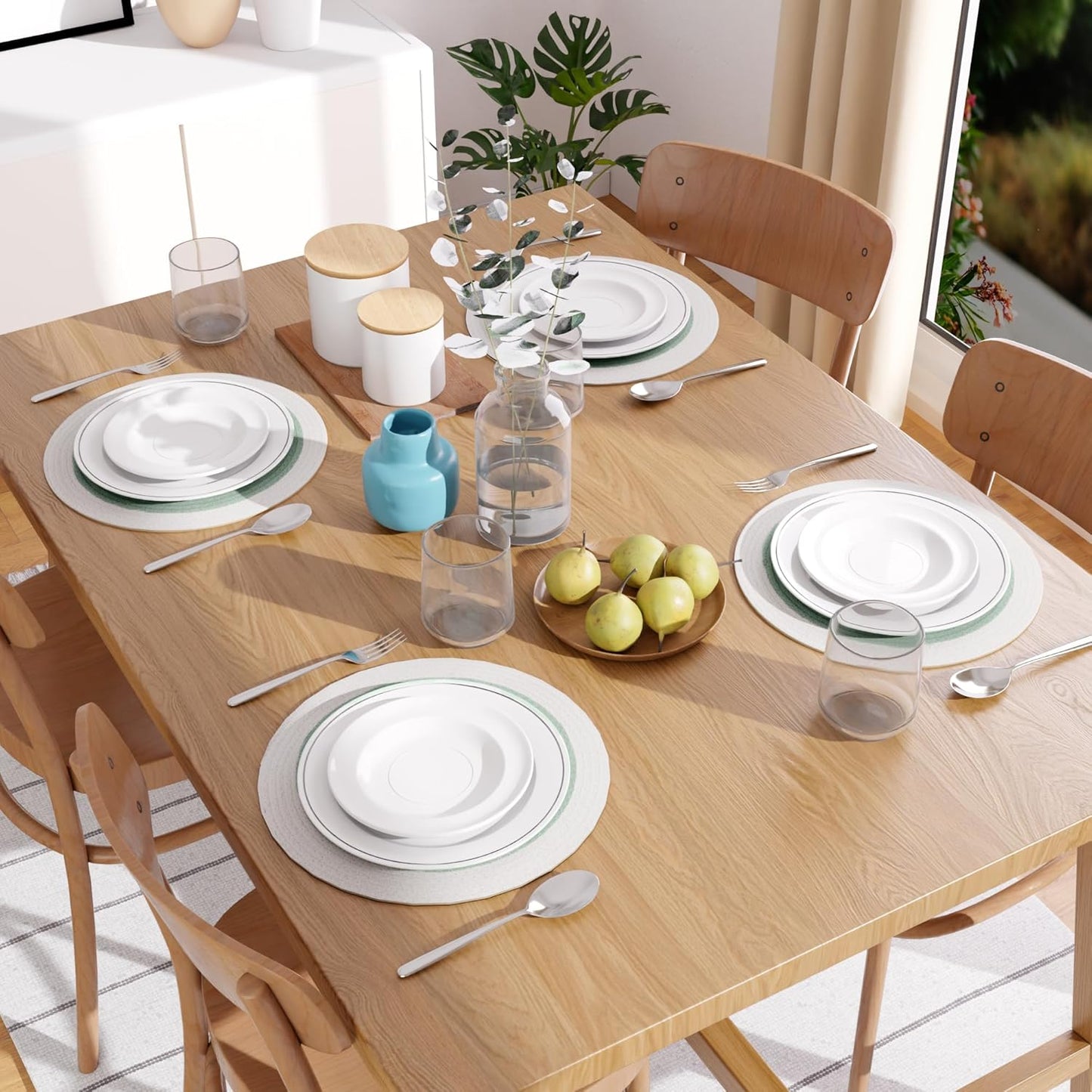 Dining Table Placemats – Cotton Ribbed, Sage/Off White – 32cm Round, Set of 4