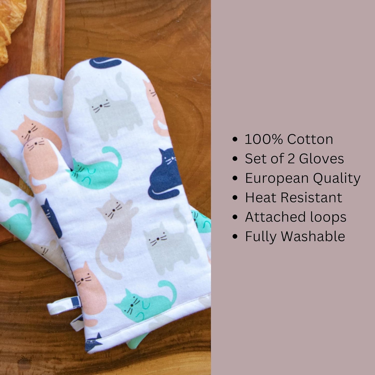 Cat Print Kitchen Linen Set – 100% Cotton, Machine Washable – Apron, Oven Mitts, Pot Holders, 3-Piece