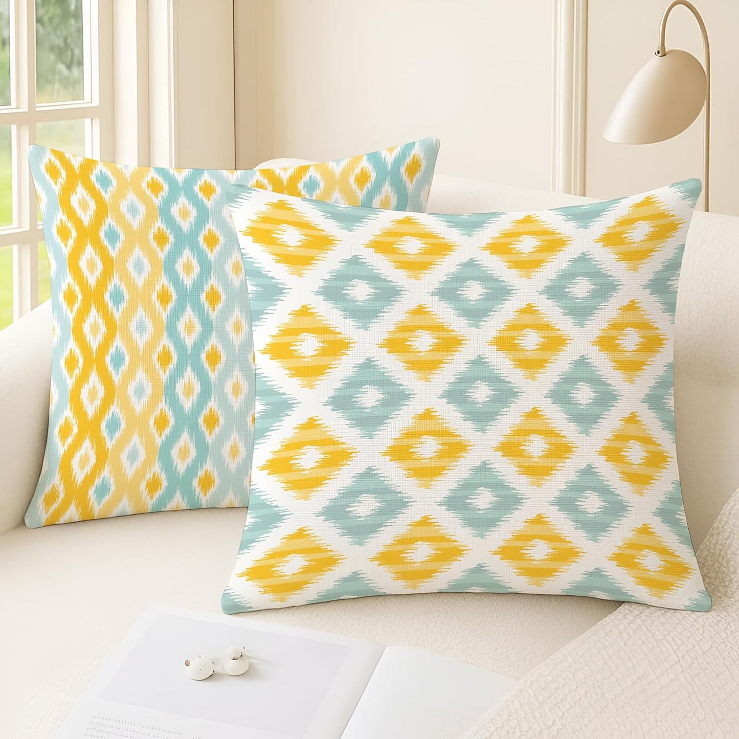 Cushion Covers – Polycotton, Ikat Geometric Print, Durable – Set of 5, 16x16 Inch