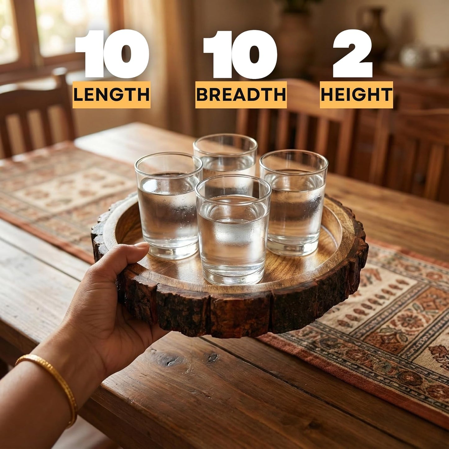 Rustic Wooden Buckle Tray – Mango Wood Serving Platter – Bark Edge, Food-Safe – 10in Round