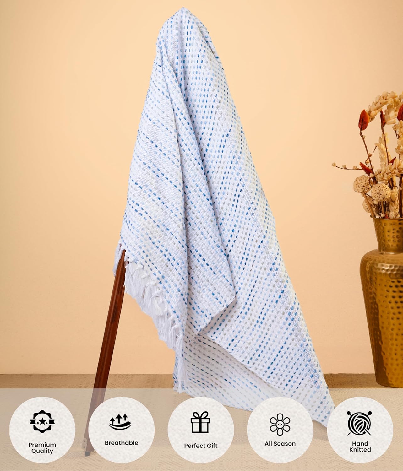 Hand-Knitted Cotton Sofa Throw – All-Season Design – Blue Multi Tassels – 80x52 Inches