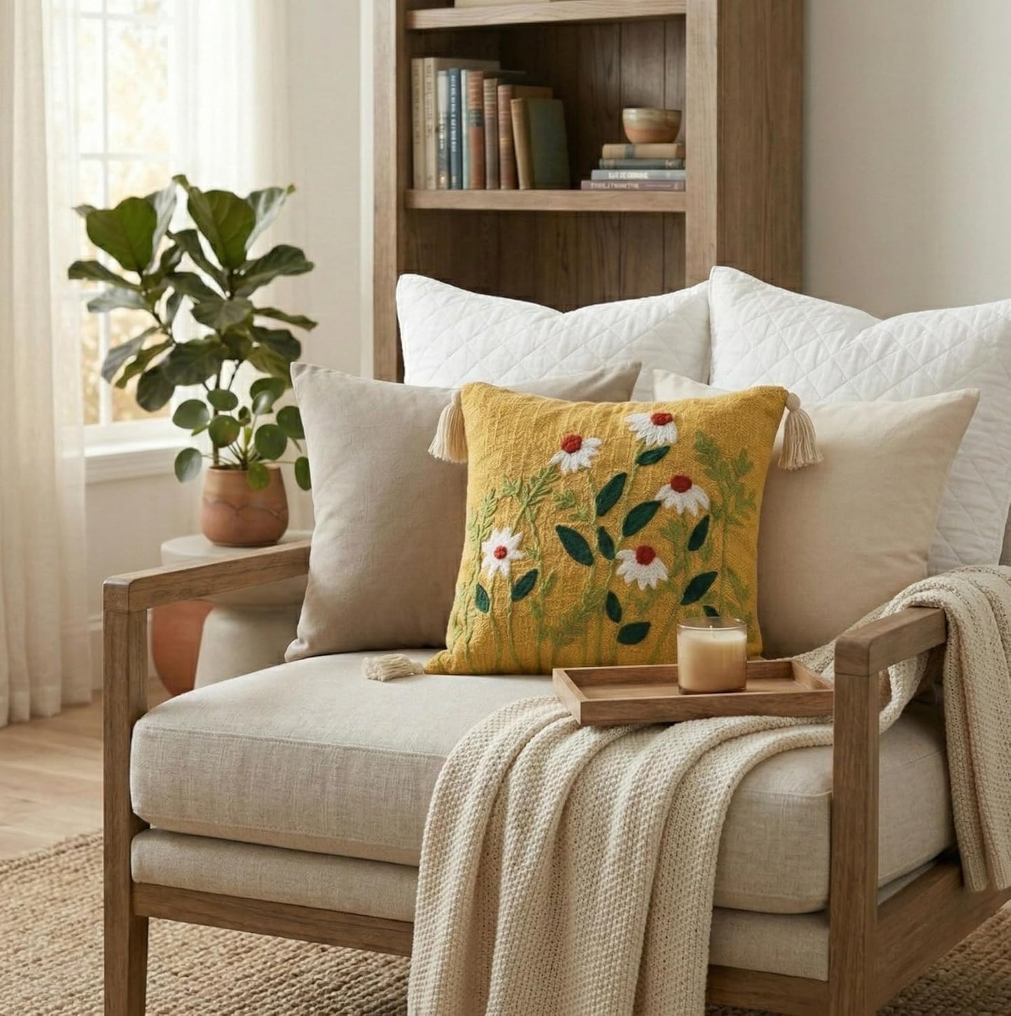 Embroidered Slub Cotton Cushion Cover – Decorative Pillow Case – Tufted Floral Design – 16x16 Inch